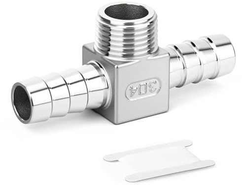 ERGAOBOY 1 Stück 304 Edelstahl Steckanschluss mit Widerhaken T Stück, 3/8 BSP Außengewinde x 8 mm Steckanschluss x 8 mm Steckanschluss 3 Wege Steckanschlussstück für Kraftstoff/Luft/Flüssigkeit/Gas