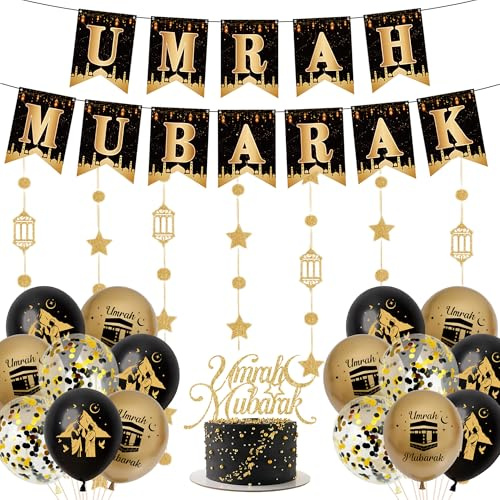 Tasoraor Umrah Mubarak Deko Set - Hajj Dekoration Schwarz Gold Luftballons Banner und Tortendeko, Glitzer Lange Girlande für Muslim Party Islamische Festival Dekorations
