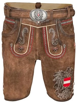 Hoamatkult Kult Lederhose – Österreich Adler, Klassik Braun, aus Echtleder mit Patina, handgefertigt & personalisierbar, mit Gürtel & Stickerei – trachtig, bequem & stilvoll - 52