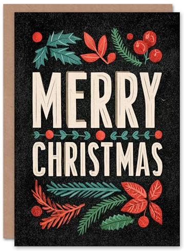 Artery8 Christmas Card Holly Pine Leaves Berries Retro Typography