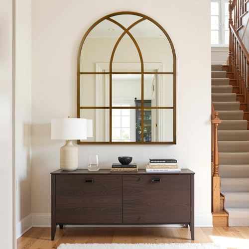 LunaMirror 75x120 cm Arched Window Mirror Bronze Rustic Windowpane Wall Mirror for Indoor Living Room Hallway Entrance Outdoor Garden Decor