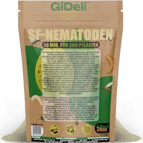 GiDeli SF Nematoden gegen Trauermücken 50 Mio, 500 Pflanzen / 50 m² | Nützlinge zum Gießen gegen Trauermücken und Thripse - für 500 Pflanzen, großer Bestand