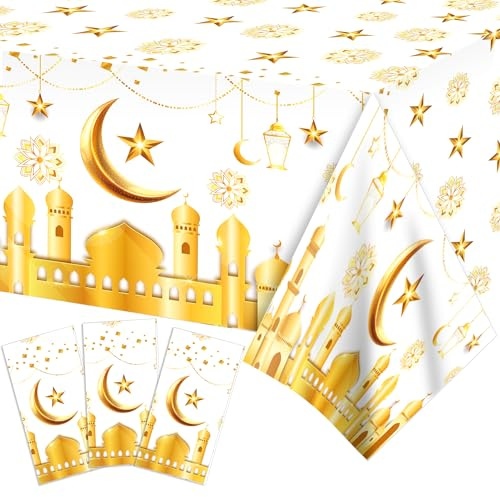 Ramadan Tischdecke Gold 3 Stück,Ramadan Deko Party Dekoration Einweg Tischdecke für Festliches Iftar Urlaub Party Geburtstag Dekorationen Zubehör