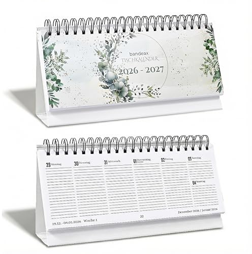 Tischkalender 2026 2027 quer, Wochenkalender zum Aufstellen, Stehkalender | Jan 2026 – Dez 2027 (29x11cm) | Schreibtisch-Kalender groß | Wochen-Planer Eukalypten | Panorama Querformat