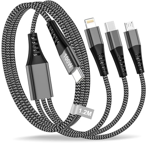 USB-C-multiladdningskabel, 1,2 m, 100 W, 3-i-1-laddningskabel med snabbladdning via PD,USB-C/Micro/Lightning-anslutningar,multikabel i nylon för i-Phone17/16/15/14/13,MacBook Pro/Air, Samsung