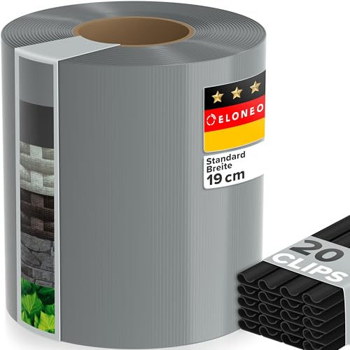 ELONEO PVC Sichtschutzstreifen Doppelstabmattenzaun | 1 Rolle á 35m x 19 cm | Balkon Sichtschutz mit 20 Befestigungsclips | Sichtschutz Zaun wetterfest und extra stabil, grau