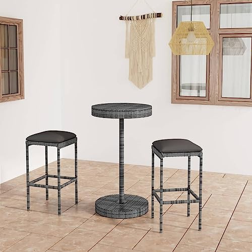 Ordellia 3-TLG. Gartenbar-Set, Poly Rattan Grau, 60,5x106cm Bartisch, mit Kissen, Outdoor Möbel für Terrasse, Balkon, Garten
