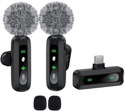 Wireless Lapel Microphone USB-C, Clip-On Mini Wireless Mic with Noise Reduction and LED Display, Plug and Play Phone Microphone for Outdoor Streaming, Vlogging & Content Creation