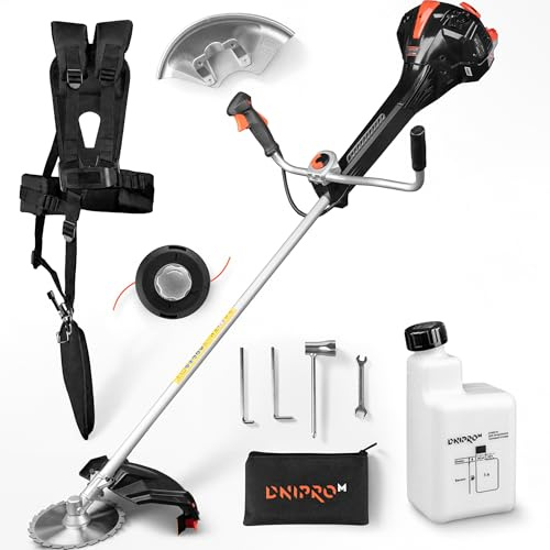 Dnipro-M Desbrozadora Gasolina 51,7 CC 2600W (3,5 CV), Motor 2 Tiempos, Hilo 450 mm y Disco 255 mm, Barra 28 mm, Arnés Mochila y Sistema Antivibración - 50RX