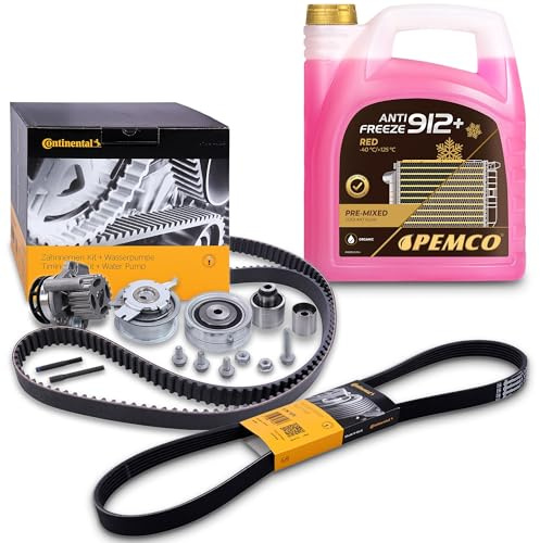 Set bestehend aus Zahnriemensatz + Keilrippenriemen + 5l Kühlerfrostschutz | Kompatibel mit: AUDI A1, A1 Sportback, A3, A3 Cabriolet, A3 Sportback, Q3, TT, TT Roadster, SEAT ALHAMBRA, ALTEA, ALTEA XL