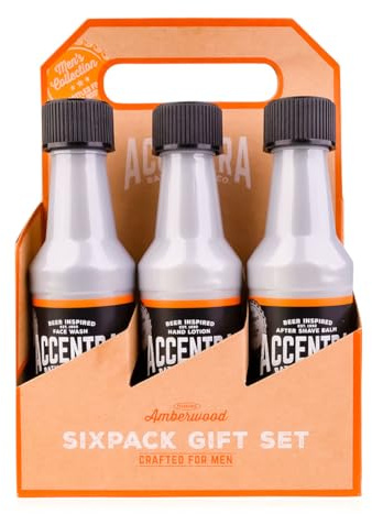 Accentra Geschenkset MEN'S COLLECTION im Sixpack-Design für Männer, 6 x 140 ml Pflegeprodukte mit Amberholz Duft, originelle Geschenkidee für Herren in Bierflaschen-Optik zu Geburtstag und Vatertag