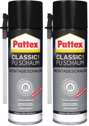 Pattex Classic PU-Montageschaum, Bauschaum für fast alle Bauuntergründe, starke Haftung, zum füllen und dämmen, 1x500ml (Packung mit 2)