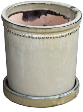 Darthome Large Grey Glazed Ceramic Plant Pot With Matching Saucer 25cm x 25cm x 25cm, Olive Green, Indoor/Outdoor, Drainage Hole Included