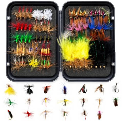 Realure 80‑Piece Fly Fishing Flies Set with Magnetic Fly Box, 20 Styles Dry Wet Nymph Streamer Terrestrial Leeches, #8‑#14 Hooks for Trout Salmon Bass Grayling Freshwater Fly Angling