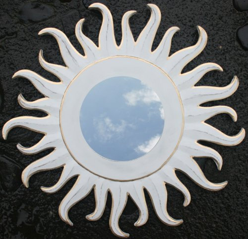 GURU SHOP Sonnenspiegel, Deko Spiegel aus Holz in Sonnenform - Klein Antikweiß 1, 33x33x1 cm