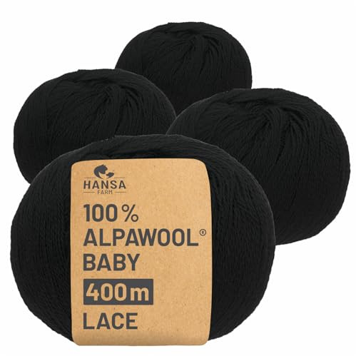 HANSA-FARM | 100% Baby Alpakawolle in 50+ Farben (kratzfrei) - 200g Set (4 x 50g) - weiche Alpaka Wolle zum Stricken & Häkeln in 6 Garnstärken by Hansa-Farm - Schwarz