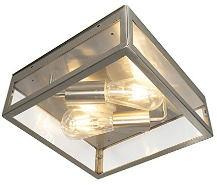 Qazqa - Moderne quadratische AußenDeckenleuchte I Deckenlampe I Lampe I Leuchte Stahl I Silber I nickel matt zweiflammig - Rotterdam I Außenbeleuchtung - Edelstahl Quadratisch - LED geeignet E27