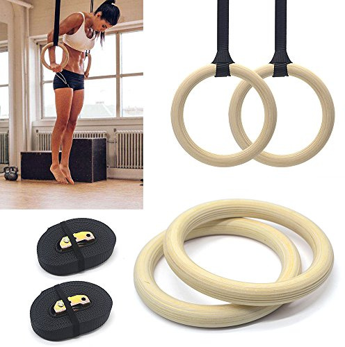 EVERGD Wooden Gymnastic Rings Adjustable Pair Olympic Crossfit Gym Strength Training
