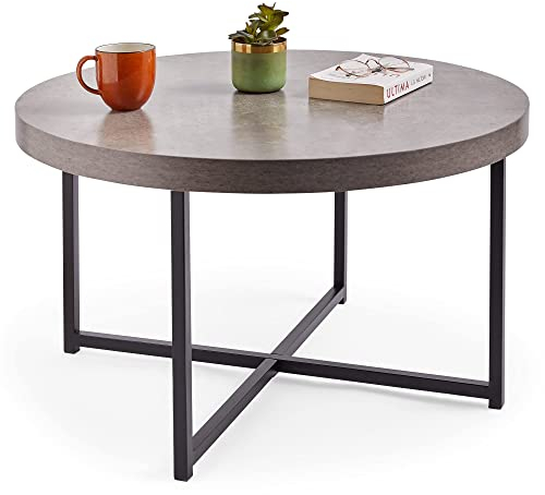 VonHaus Coffee Table for Living Room - Round Grey Concrete Look Living Room Table - Modern Style with Black Powder Coated Metal Legs - For Lounge with 80cm Diameter, Mosley