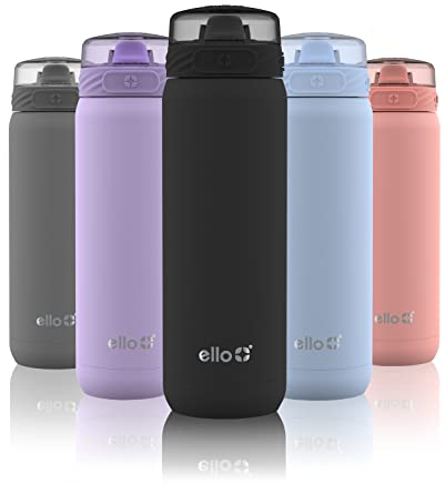Ello Cooper Vacuum Insulated Stainless Steel Water Bottle with Anti-Microbial Silicone Straw, 22 oz, Black