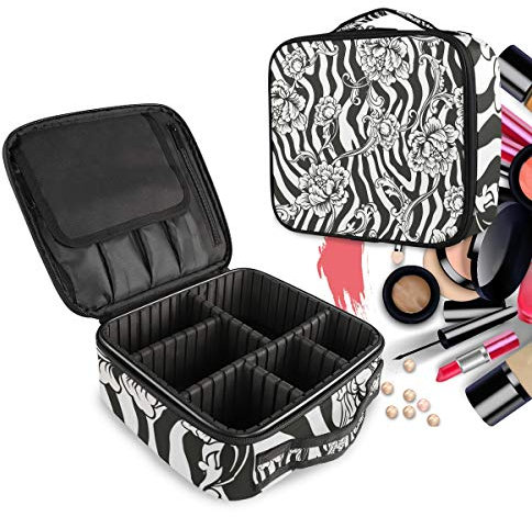 Zebra Blume Kunst Make up Taschen Reißverschluss Kulturbeutel Waschtasche Kosmetiktasche Organizer mit verstellbaren Trennern für Mädchen Frauen Damen
