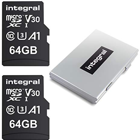 Integral 64GB 2-pack Micro SD Card with a 12 Slot Protective Metal Card Case - 4K Ultra-HD Video Premium High Speed Up to 100MB/s Read Speed - Microsdxc V30 UHS-I U3 C10 A1