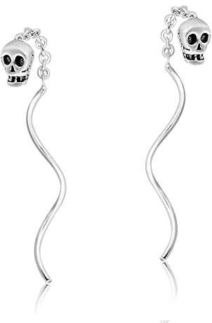AeraVida Gothic Tiny Skull Chain Slide Threader .925 Sterling Silver Dangle Earrings