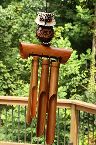 G6 COLLECTION Handgefertigte Holz Schneeeule Bambus Windspiel Holz Statue Figur Hoot Skulptur Kunst Dekorative Rustikale Terrasse Garten Outdoor Dekor Handgefertigte Dekoration (Eule Chime)