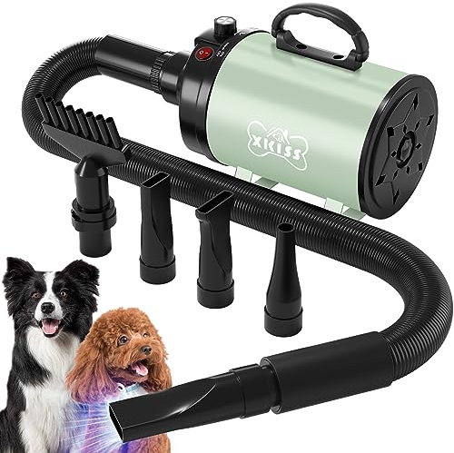 XKISS Soffiatore per Cani 4.5 PS / 3200 W Asciugatore per Cani Continua con velocità e Temperatura Regolabile Asciugacapelli per Animali Domestici,Grooming Cane Animali,con 4 Accessori(Verde)
