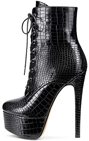 NobleOnly Scarpe col Tacco Donna Plateau Stivali alla Caviglia Cerniera Lacci Polacchine 16CM High Heels Nero Opaco Scarpe EU 44