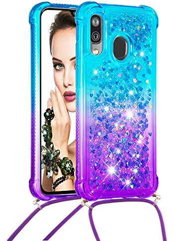 Hkess Handykette Handyhülle für Huawei P20 Lite, Hülle Quicksand Gradient Glitzer mit Kette Band, Glitzer Flüssig Bewegende Treibsand TPU Silikon Cover, Handykordel Case mit Kordel Umhängenband