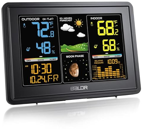 BALDR Weather Station Indoor Outdoor Thermometer Digital Color LCD Moon Phase Barometric Pressure Temperature Humidity Monitor(Black)