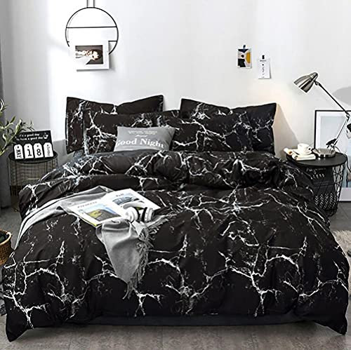 KAREVER Bettwäsche-Set, 3-teilig, schwarzer Marmor, inklusive 1 Steppdecke, 2 Kissenbezüge, Baumwolle, weich, atmungsaktiv, luxuriös, Unisex, für alle Jahreszeiten, maschinenwaschbar