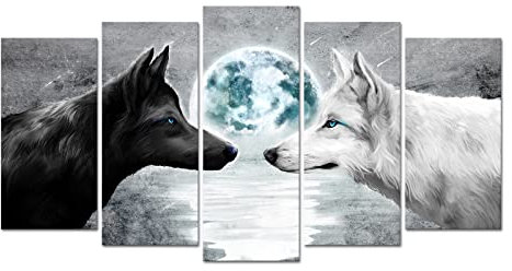 Welmeco 5 Stück Schwarz und Weiß Wölfe Malerei Grau Blau Vollmond Meereslandschaft Bild Leinwanddrucke Galerie verpackt Kunstwerk Tier Wolf Poster für Wohnzimmer Modern Büro Schlafzimmer