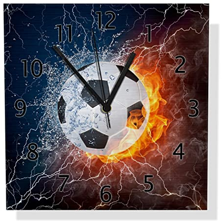 Wallario Design Wanduhr Fußball - Feuer und Wasser aus Aluverbund, Alu-Uhr Größe 30 x 30 cm, Schwarze Zeiger mit Metalloptik