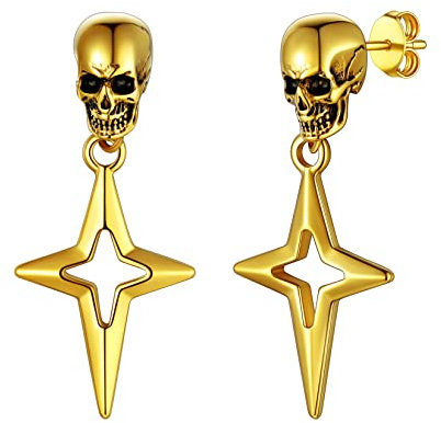 U7 Creolen Ohrring Edelstahl Herren Ohrstecker Totenkopf Ohrringe Mann Huggie Goldene Creolen mit Stern Anhänger Gold Vintage Ohrstecker Männer Totenschädel Skull Ohrpiercing Ohrschmuck für Ehemann