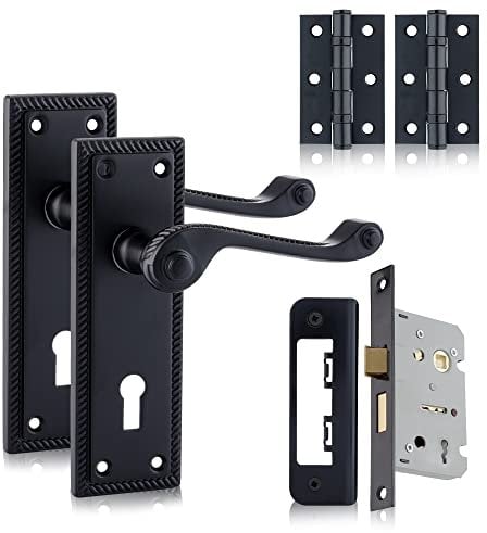XFORT Black Beauty Range Matt Black Hanoverian Lever Lock Pack, Georgian Style Complete Set with Lock Door Handles, 65mm Sashlock and 75mm Ball Bearing Hinges, for Internal Wooden Doors