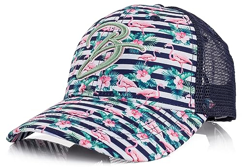 Blackskies® Tropical Flamingo Trucker Cap | Herren Damen Schirm Premium Snapback Trucker Mütze Floral Basecap Kappe Blau-Weiß Gestreift