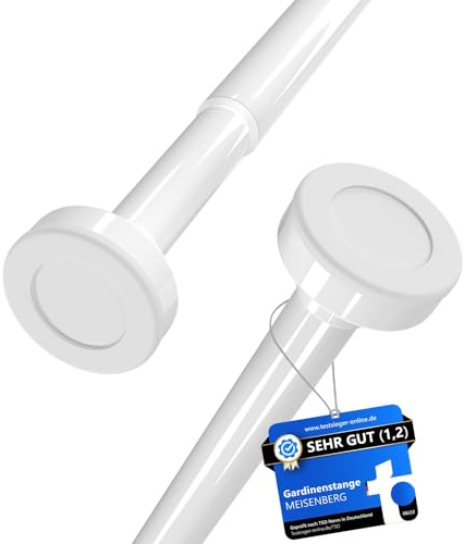 MEISENBERG Barre de Douche Extensible 70-120 cm, Blanc - Tringle Rideau Sans Perçage, Télescopique à Tension pour Fenêtres, Salle de Bain, Armoire, Balcon - Acier Inoxydable, Ø25mm