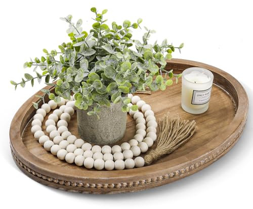 Oval Tray for Coffee Table - 16×11.8in Decorative Trays for Home Decor/w 58in Wood Bead Garland, Coffee Table Trays for Living Room and Kitchen