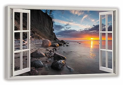 HUBDECO Leinwandbild Fensterblick Maritime Bilder 120x80 cm - Wandbilder Wohnzimmer, Schlafzimmer