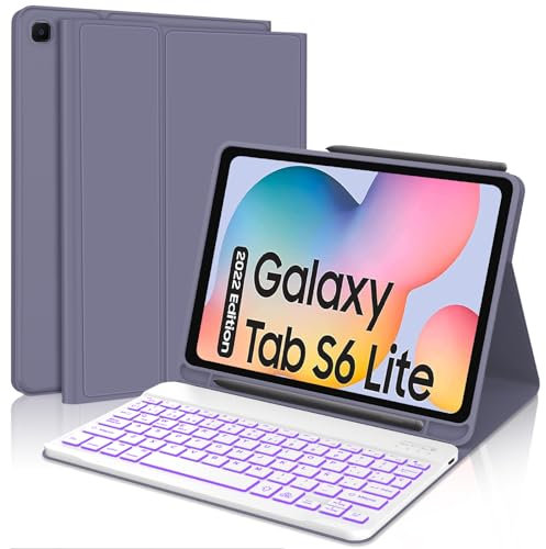 Funda Teclado Samsung Galaxy S6 Lite 10.4 2024/2022/2020, Cover Teclado Español Ñ Retroiluminados Bluetooth Desmontable para Samsung Tab S6 Lite (SM-P620/P625/P610/P615/P613/P619), Púrpura lavanda