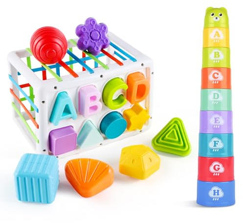 RZKHRT Jouet Bebe 6 9 12 Mois, 2 en 1 Jouet Montessori 1 an, Tasses Empilable, Cube d'activité Trieur de Formes, Jeux Éducatif, Cadeau Enfants Garçon Fille