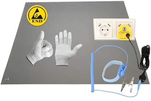 Minadax 80 x 60cm GRAU Antistatik ESD Computer Matte Tischmatte „Premiumqualität“ inkl. Manschette + 2,4m Verlängerung + ESD Erdungs-Stecker + Handschuh