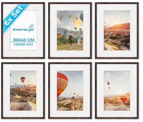 PHOTOLINI Bilderrahmen 30x40 Holz MDF Eiche Dunkel, 6er Set Bilderrahmen 40x30 mit Passepartout, bruchsicheres Acrylglas, Rahmen 30 x 40 zum Aufhängen, extra Zubehör - Rahmen 30x40 für Fotos & Poster