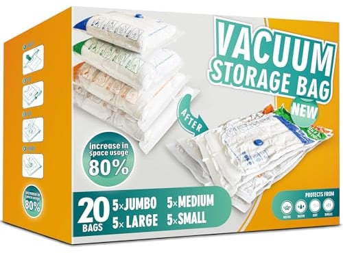 Storage Master Space Saver Bags for Travel and Home Reusable Vacuum Storage Bags Save 80% More Storage Space Work with Vacuum Cleaner (20 Pack, No Hand Pump)