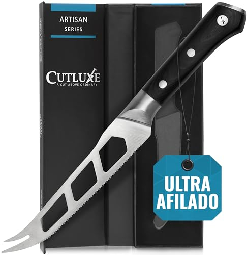 Cutluxe Couteau Fromage – 13 cm Couteau à Fromage pour Fromages Tendres et Durs – Lame Dentelée, Antidérapante et à Dents – Acier Allemand au Carbone Élevé – Poignée Ergonomique – Série Artisan