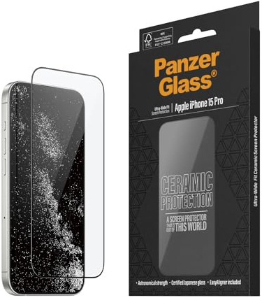 Protección de Pantalla de Cerámica PanzerGlass™ para iPhone 15 Pro - Protección de Pantalla 5 Veces Más Fuerte, Cristal Ohara con Fuerza Astronómica, Instalación Fácil