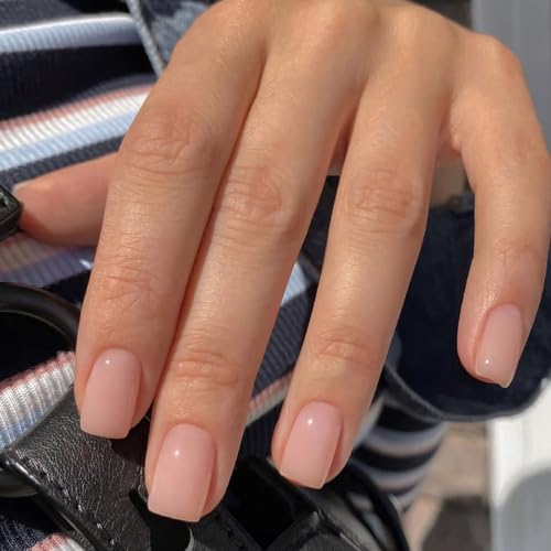 Short Press on Nails with Glue, 24Pcs Square False Nails, French Fake Nails, Jelly Nude Glossy Nail Tips, Full Cover Stick on Nails for Women Girls Nails Art Decorations(Nude)