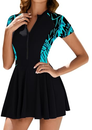 Odizli Swim Dresses Women Short Sleeve Zip Up Swimdress Ladies Swimming Costume with Shorts Skirt Tummy Control Skirted Swimsuit Summer One Piece Curvy Swimwear Bathing Suit Plus Size Black Blue XXL